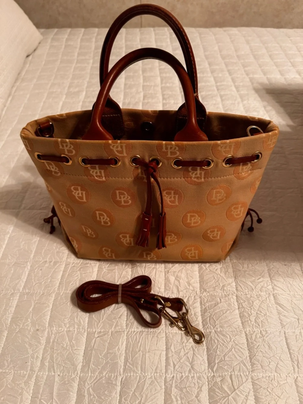 Dooney & Bourke Tan and Brown Logo Drawstring Tote with Removable Strap - Picture 1 of 11